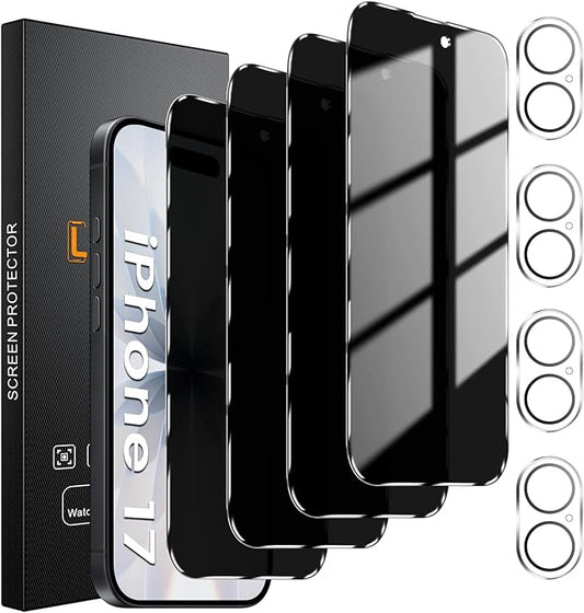 Lesakit 4 Pack Privacy Screen Protector for iPhone 17 6.3-Inch with 4 Pack Camera Lens Protector, Anti Spy Tempered Glass Film 9H Hardness Bubble Free Case Friendly