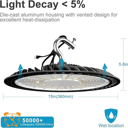 Upgrade Smart High Bay LED Shop Light 250W 5000K UFO LED High Bay Lights AC100-277V UFO Lights for 30~55FT Height Warehouse/Shop-1Pack