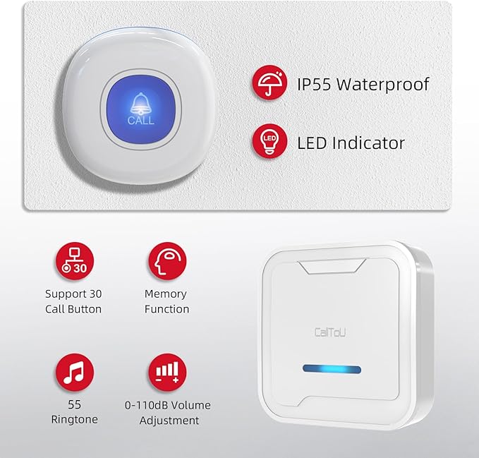 CallToU Wireless Caregiver Pager System, 500+ ft Range, Plug-in Receiver & Waterproof Call Button, Nurse Alert Emergency Call Button for Elderly, Home & Patient Care, Expandable Assist Call System