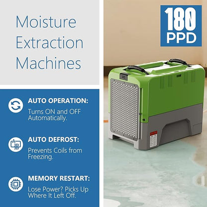 ALORAIR 180PPD LGR Commercial Dehumidifier with Pump for Basement Warehouse & Job Sites, Large Space Crawl Space Dehumidifier for Efficient Water Damage Restoration,5 Years Limited Warranty, Green