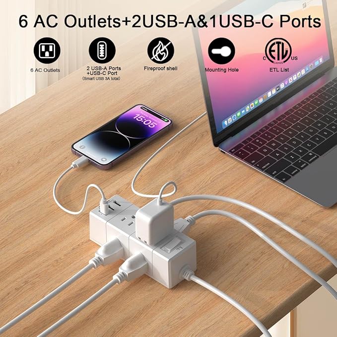 15Ft Extension Cord Flat Plug Power Strip - Tcstei 3-Side Outlet Extender with 6 AC Outlets and 3 USB Ports (1 USB C), Compact for Home, Office, Dorm Room Essentials, White
