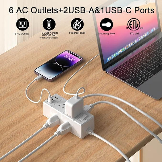 15Ft Extension Cord Flat Plug Power Strip - Tcstei 3-Side Outlet Extender with 6 AC Outlets and 3 USB Ports (1 USB C), Compact for Home, Office, Dorm Room Essentials, White