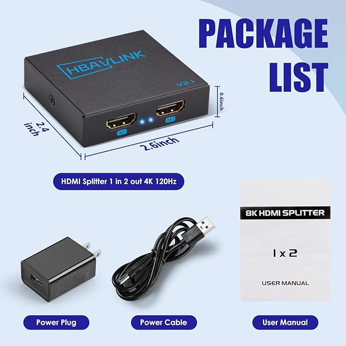 HDMI Splitter - HDCP, HDR, Dolby/DTS5.1/7.1 - Compatible with Firestick 4k Max, PS3/PS5 & Elgato HD60s/x/Pro, Apple TV 4K, Retrotink, Roku soundbar, NOT for Phone (HB-SP102B-8K)
