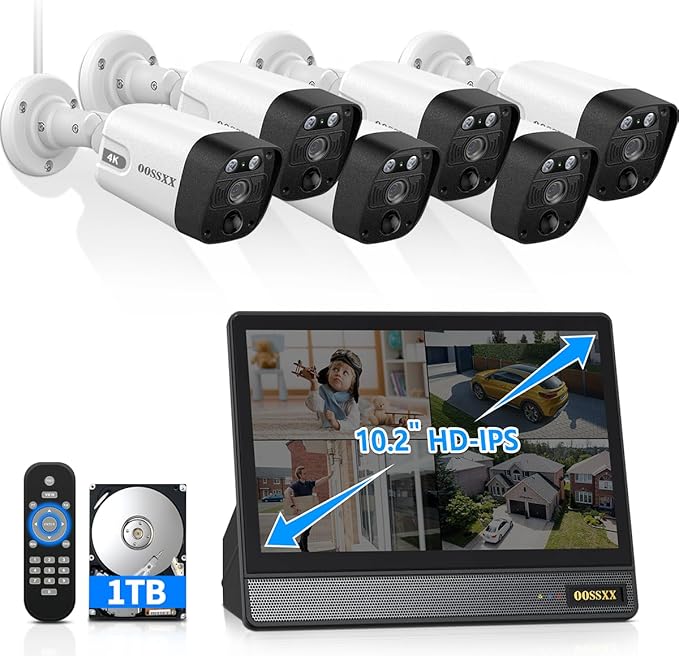 OOSSXX (2026 New) 4K PoE Security Camera System Outdoor, 8CH NVR with 10" IPS Monitor & 1TB HDD, 6 Cameras, 130° Wide Angle, AI Human Detection, Two-Way Audio, No Monthly Fee