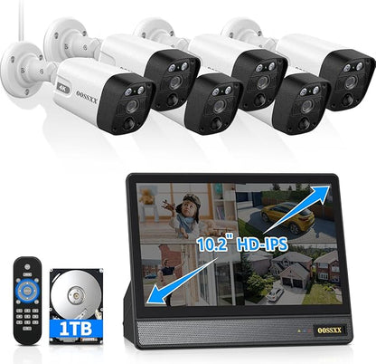 OOSSXX (2026 New) 4K PoE Security Camera System Outdoor, 8CH NVR with 10" IPS Monitor & 1TB HDD, 6 Cameras, 130° Wide Angle, AI Human Detection, Two-Way Audio, No Monthly Fee
