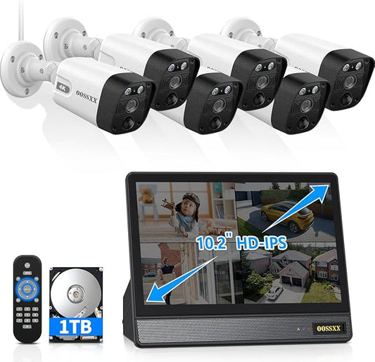 OOSSXX (2026 New) 4K PoE Security Camera System Outdoor, 8CH NVR with 10" IPS Monitor & 1TB HDD, 6 Cameras, 130° Wide Angle, AI Human Detection, Two-Way Audio, No Monthly Fee