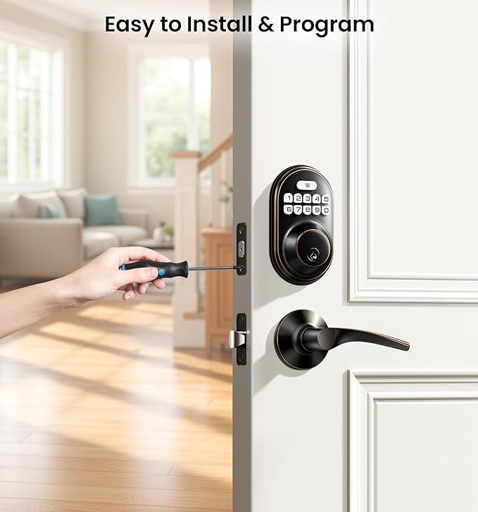 Veise Keyless Entry Door Lock with 2 Lever Handles - Electronic Keypad Deadbolt, Auto Lock, Back Lit & Easy Installation Design, Front Door Handle Sets, Oil Rubbed Bronze