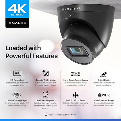 Amcrest Analog 4K Outdoor Security Camera, Turret 8MP @15fps CCTV-Coax-BNC, 65ft Night Vision, 125° Angle, Built-in Mic, Black (AMC4KDM28-B-V3), (Not an IP Camera) DVR Required, Not Included