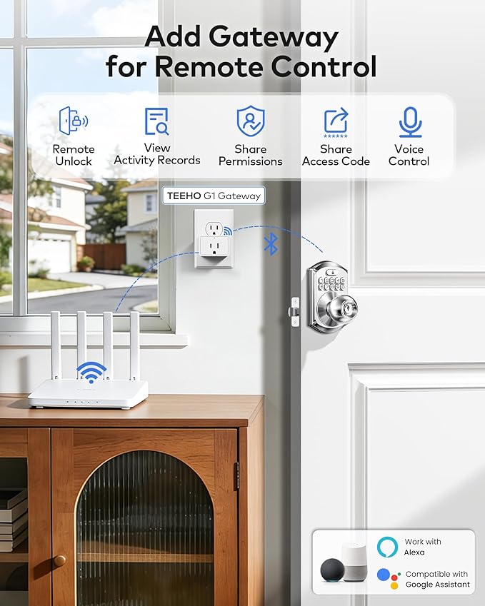 TEEHO TE018 Smart Door Knob with Keypad, App Control, Keyless Entry Digtal Door Lock with Handle, Remote Share One-Time Code, Auto Lock, Easy Installation for Front Door, Bedroom, Rental, Satin Nickel