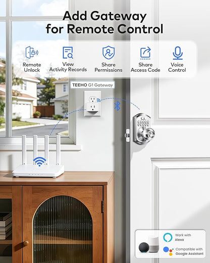 TEEHO TE018 Smart Door Knob with Keypad, App Control, Keyless Entry Digtal Door Lock with Handle, Remote Share One-Time Code, Auto Lock, Easy Installation for Front Door, Bedroom, Rental, Satin Nickel