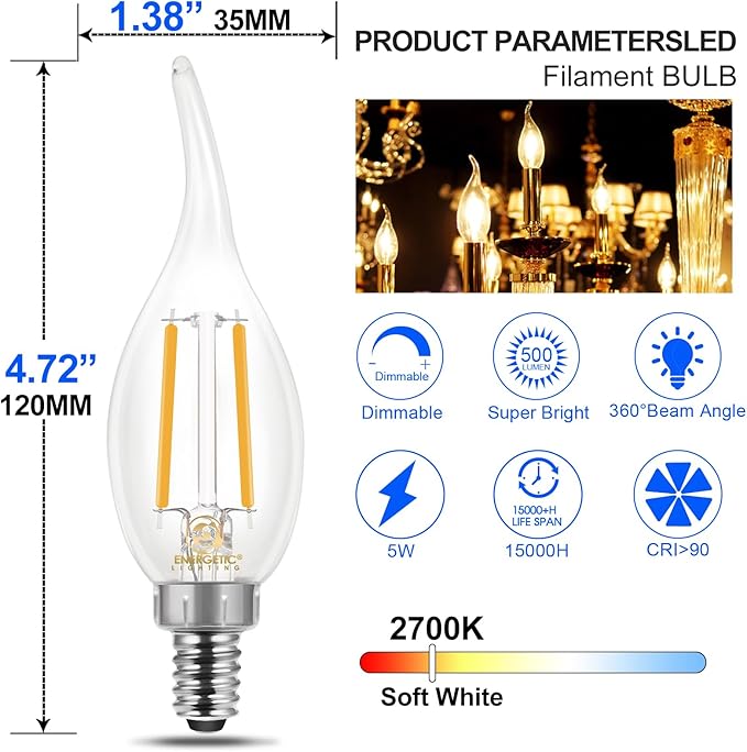 Energetic 12 Pack Dimmable Candelabra Led Light Bulb, CA11 Shape,Flame Tip Style, 60 Watt Equivalent, 2700K Soft White, E12 Base, Led Candelabra Bulb,CRI 90+, Halloween Christmas Decoration