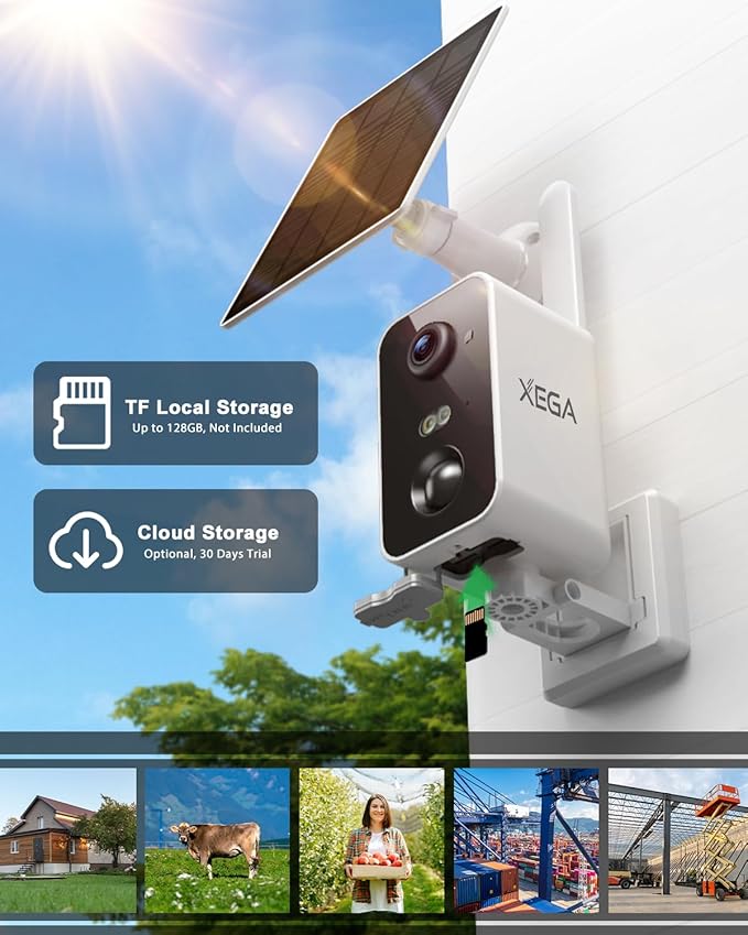 Xega 4G Cellular Security Camera: 10000mAh Battery, No WiFi Need, Pan 180°, Motion Detection, 2K Color Night Vision, 2-Way Audio, Siren Alarm, TF/Cloud IP66, Built-in SIM Card, Indoor and Outdoor