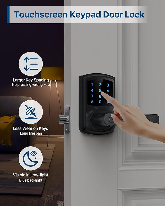 Hidalife Keyless Entry Door Lock, Smart Locks for Front Door, Keypad Door Knob with Handle, Touchscreen, One-Touch Toggle for Passage Mode, Matte Black