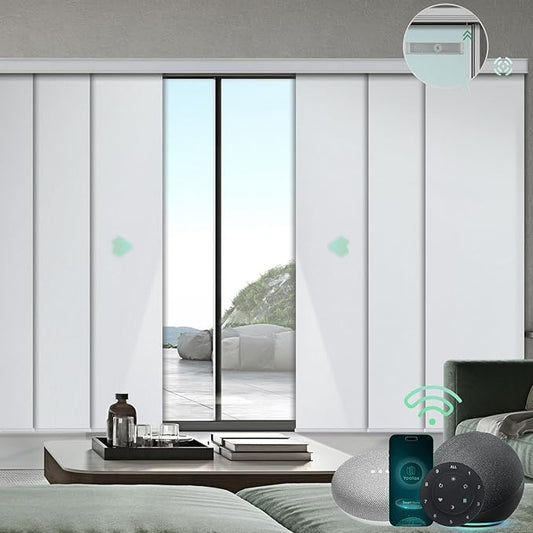 Yoolax Custom XL Smart Sliding Door Blinds, Motorized Sliding Panel Blinds Compatible with Alexa, Fabric Blackout Vertical Rechargeable Battery Shades for Glass Doors(Fabric-White)