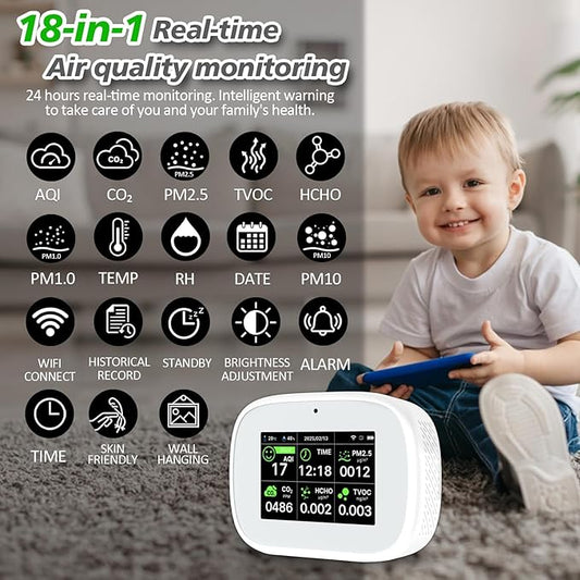 18-in-1 Smart Air Quality Monitor - Indoor WiFi Air Quality Detector with Dual Chip, Real-Time for AQI, CO2, PM2.5, PM1.0, PM10, TVOC, HCHO, Time, Temperature & Humidity with APP (White-Black)