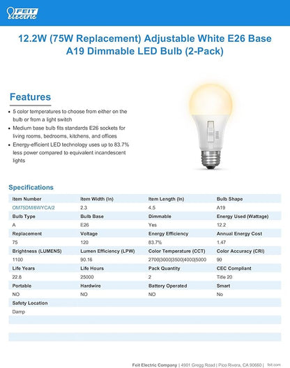 Feit Electric A19 LED Light Bulb, 75W Equivalent, Dimmable, Color Selectable 6-Way, 5CCT, E26 Medium Base, 90 CRI, 1100 Lumens, Damp Rated Lightbulb, 22-Year Lifetime, OM75DM/6WYCA/2, 2 Pack