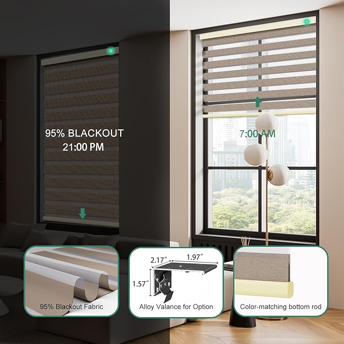 Motorized Zebra Blinds with Remote [Dual Layer + Light Filtering] 95% Blackout Smart Shades for Indoor Windows, Alexa Google and HomeKit Compatible, Customized Size, Equinox Copper