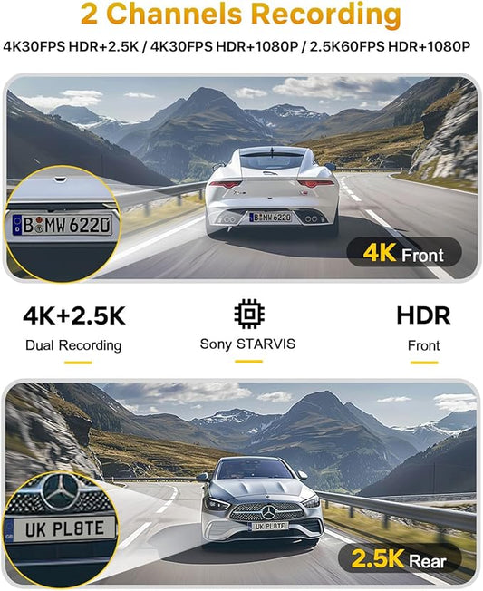 GKU Dash Cam Front and Rear, 4K 60fps＋2.5K Dashcam,STARVIS Sensor, HDR, 5G WiFi GPS, 24H Parking Mode, Night Vision, 170°Wide Angle, Dash Camera for Cars with 1.47 Display, 64G SDcard (Black)