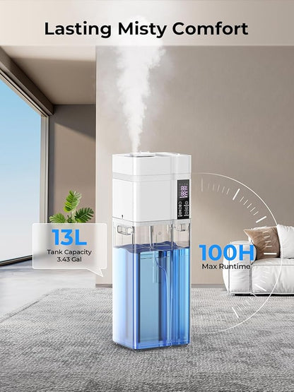 13L/3.43Gal Humidifier Large Room, 800ft² Coverage, 100H Runtime, Auto Humidity Control, Top Fill, Humidifiers for Bedroom, 35dB Quiet, Sleep Mode, Aroma Diffuser, 24H Timer, Auto Shut-off Protection