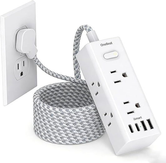 Flat Plug Extension Cord 10Ft, One Beat Surge Protector Power Strip 10 Ft Cord with 6 Widely Outlets 4 USB Ports (2 USB C), 3 Way Wall Outlet Extender Extension Cord for Home Office College Dorm Room