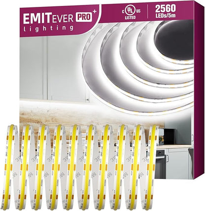 EMITEVER COB LED Strip Lights White, 5000K Tape Light Premium High Density, DC 24V, 360+Lumens/ft, 2560LEDs/Spool, Ra 90+, 16.4ft/5m, UL Listed 5 Year After-Service (Power Supply Sold Separately)