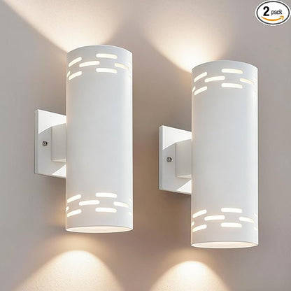 Modern Outdoor Wall Lights 2 Pack, 12'' Up and Down LED Cylinder Exterior Lighting Fixtures, 23W 3000K IP65 Waterproof Wall Sconces for House, Garage, Patio, Porch, White