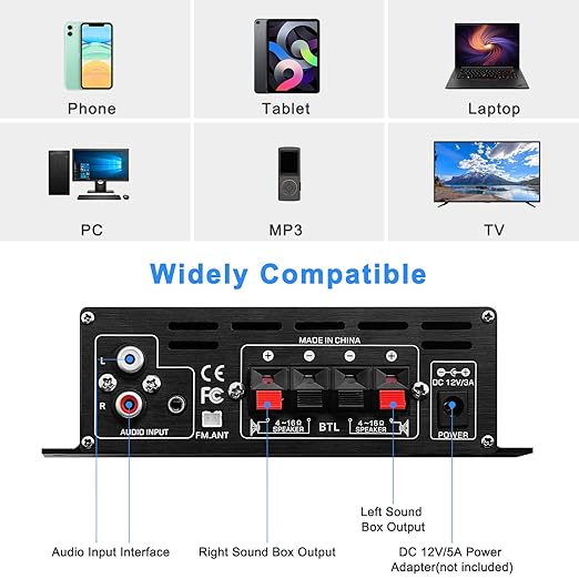 AK-380 USB SD BT.C FM AUX Audio Power Amplifier 2.0 CH 40W+40W HiFi Stereo AMP Speaker Bluetooth 5.0 Amp Receiver with 12V 5A Power Supply,FM Antenna for Car Home Bar Party