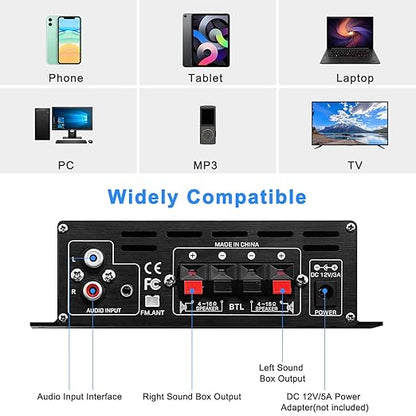 AK-380 USB SD BT.C FM AUX Audio Power Amplifier 2.0 CH 40W+40W HiFi Stereo AMP Speaker Bluetooth 5.0 Amp Receiver with 12V 5A Power Supply,FM Antenna for Car Home Bar Party