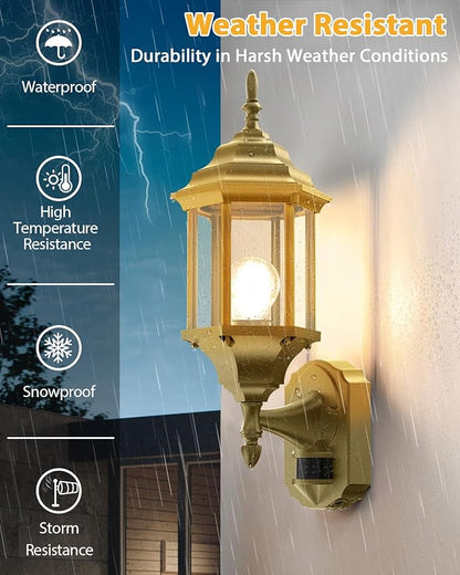 Redluck Motion Sensor Outdoor Lights, 2 Pack 16 inch Dusk to Dawn Outside Porch Lights, Waterproof Anti-Rust Aluminum Outdoor Wall Lights Exterior Lighting Fixtures for House, Garage, Front Door, Gold