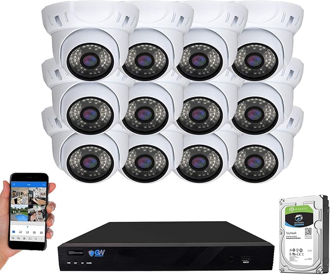 GW Security 16 Channel 4K NVR 5MP H.265 IP Surveillance Security Camera System with 12-Piece Super HD 1920P Weatherproof PoE Security Dome Cameras, AI Human Detection