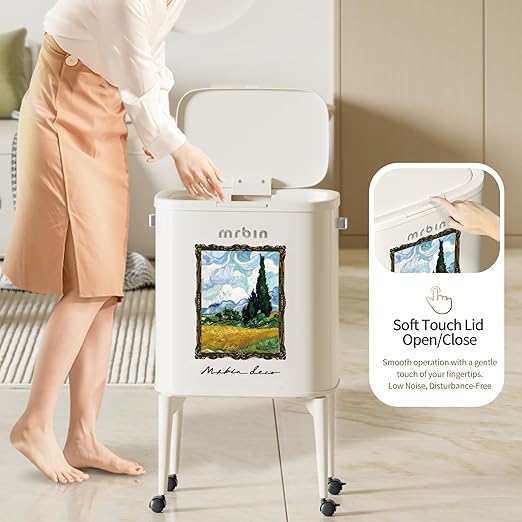 MRBIN Metal Kitchen Trash Can with Wheel Legs, 36L / 9.5gal Medium Press Lid Slim Removable Waste Basket, Pet Proof Tall Narrow Garbage Pail for Vanity, Bedroom, Bathroom, Living Room, Wheatfield