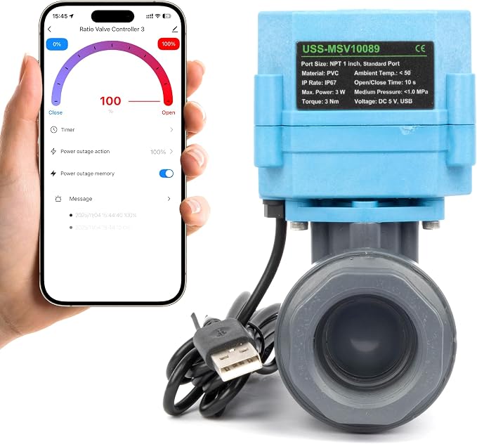 U.S. Solid WiFi Smart Motorized Ball Valve 1 inch NPT for Water Control & Irrigation, 2 Way PVC Electric Valve, USB Powered, LED Status Indicator, Flow Direction Window, Remote On/Off Control
