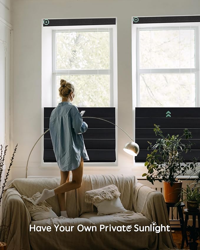 Yoolax Smart Top Down Bottom Up Roman Shades, Motorized Roman Shades with Remote, Blackout Smart Blinds Work with Alexa, Google, Apple Homekit for Living Room Bedroom, Customized (Midnight Stripe)
