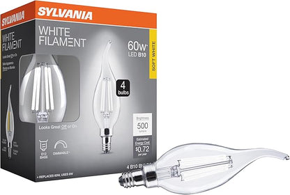 Sylvania B10 Clear LED White Filament Bulb, 6W, Dimmable, 500 LMS, Candelabra Base, 2700K, Soft White - 4 Pack (41848)