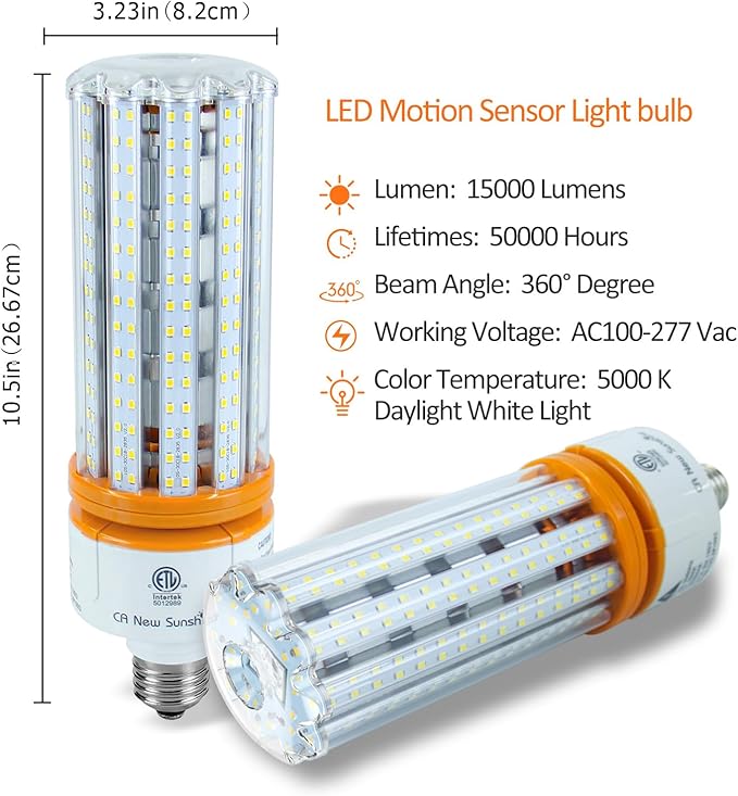 Motion Sensor LED Corn Light Bulbs for Outdoor Indoor, 100W Motion Detector Led Bulb, E26 E39 15000Lm 5000K Daylight, Motion Activated Security Lights for Outside, Inside (2 Pack)