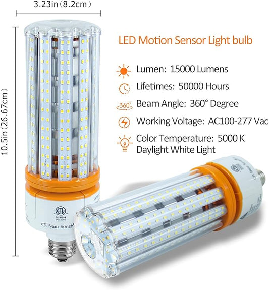 Motion Sensor LED Corn Light Bulbs for Outdoor Indoor, 100W Motion Detector Led Bulb, E26 E39 15000Lm 5000K Daylight, Motion Activated Security Lights for Outside, Inside (2 Pack)