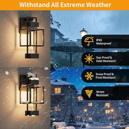 Hotsonic 2 Pack Dusk to Dawn Outdoor Exterior Lighting Fixtures Wall Mount, 15'' Dimmable Porch Lights for Outside, Waterproof Wall Lantern Lamps, Black Sconce Coach Lights for House, Garage