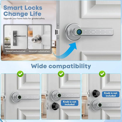 Fingerprint Door Lock, Door Locks for Bedroom, Keyless Entry Door Knob with Handle,Generate Passcode Remotely-Smart Door Lock for Apartment, Office (Silver 02)