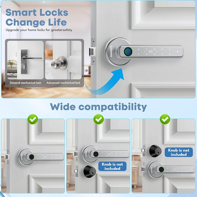 Fingerprint Door Lock, Door Locks for Bedroom, Keyless Entry Door Knob with Handle,Generate Passcode Remotely-Smart Door Lock for Apartment, Office (Silver 01)