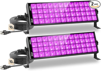 120W Waterproof LED Black Lights, YQNLIFA 2 Pack 10Ft Cable Black Light Bar with Plug & Switch, IP66 Indoor/Outdoor Blacklight for Neon Glow Party, Body Paint, Fluorescent Reactive, Back Yard, Stage
