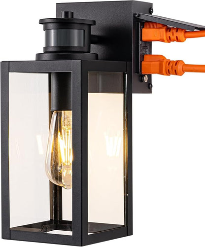 EDISHINE Black Motion Sensor Dusk to Dawn Outdoor Wall Light with Outlet