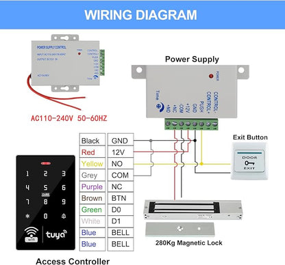 Tuya Access Control Kit w 600lbs Magnetic Lock | Complete kit incl keypad, 600lbs lock, exit button, 36W PSU, IP68, 1000 users, IC/ID, 10 blue cards
