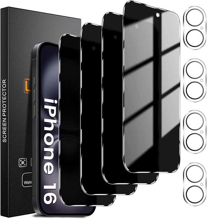 Lesakit 4+4 Pack Privacy Screen Protector for iPhone 16 6.1-Inch with 4 Pack Camera Lens Protector, Anti Spy Tempered Glass Film 9H Hardness Case Friendly
