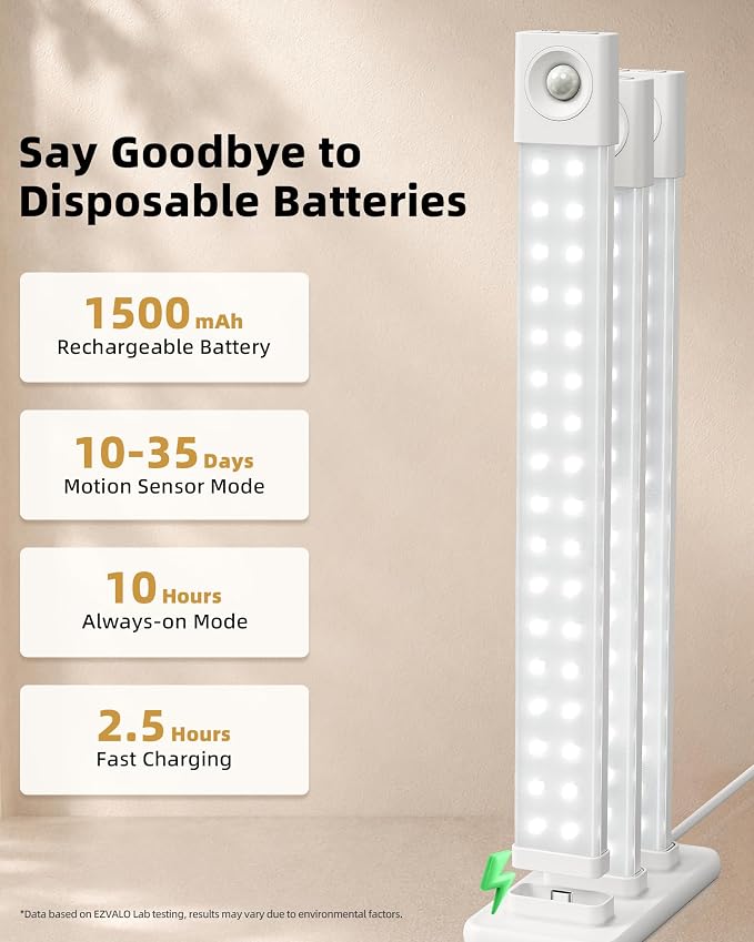 EZVALO 6 Pack LED Under Cabinet Lights Wireless with Charging Station, 11.8'' Motion Sensor Light Indoor, 1100mAh Rechargeable, 3 Color Temperatures, Dimmable Closet Lights for Pantry, Hallway, Stair