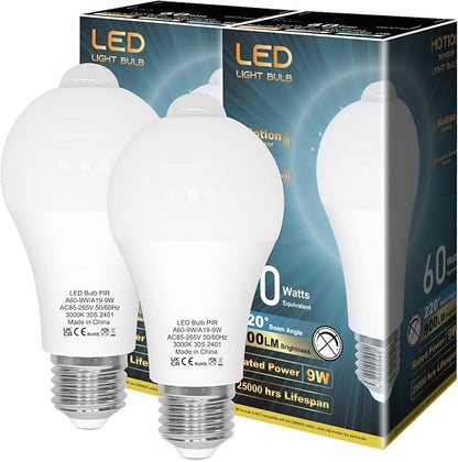 ORALUCE Motion Sensor Light Bulbs Indoor Outdoor 60 watt Equivalent, A19 E26 9W Motion Activated LED Bulb 3000K Warm White, Motion Sensor Light for Garage, Closet, Porch, Stairs, 2 Pack