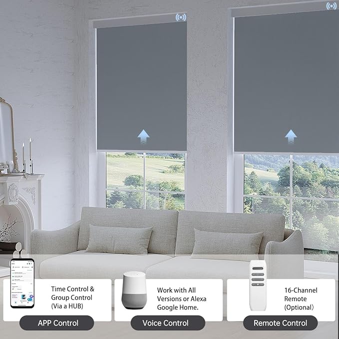 Motorized Blinds with Remote, Blackout Smart Blinds for Windows Automatic Shades Compatible with Alexa, Motorized Shades Customized for Bedroom Home Office (Blackout-Vinyl Smoky Grey)