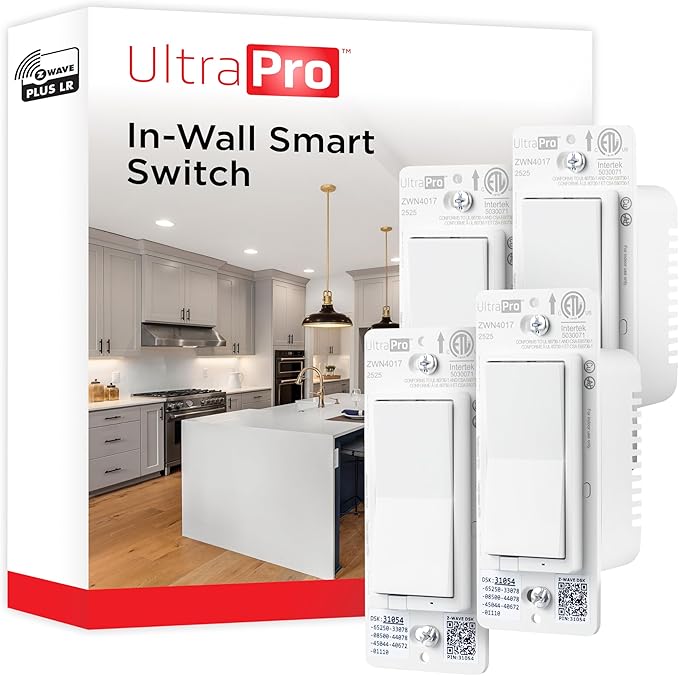 UltraPro Z-Wave Plus Long Range in-Wall Smart Light Switch for Smart Home Automation, 4 Pack, Plastic Yoke, Flying Leads, Single-Pole/3-Way, Hub Required, 76605