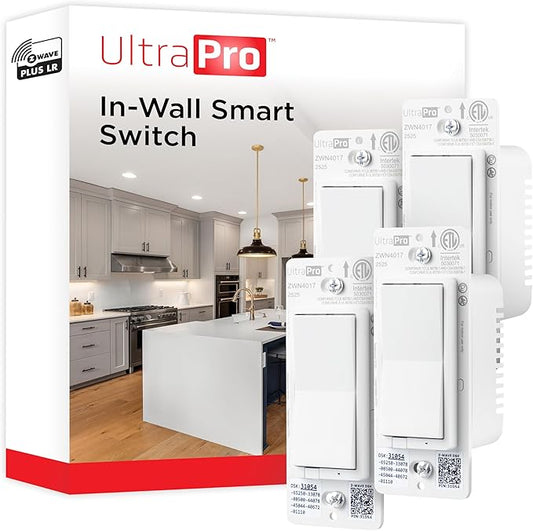 UltraPro Z-Wave Plus Long Range in-Wall Smart Light Switch for Smart Home Automation, 4 Pack, Plastic Yoke, Flying Leads, Single-Pole/3-Way, Hub Required, 76605