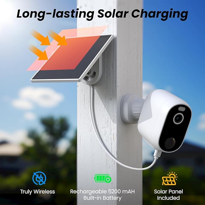INFIYA Solar Camera Outdoor Wireless-2.4GHz Wi-Fi Outside Cameras for Home Security, PIR Motion Detection, Siren Alarm, 2K Color Night Vision, SD & Cloud Storage(Optional), Work with Alexa, Z1 2P