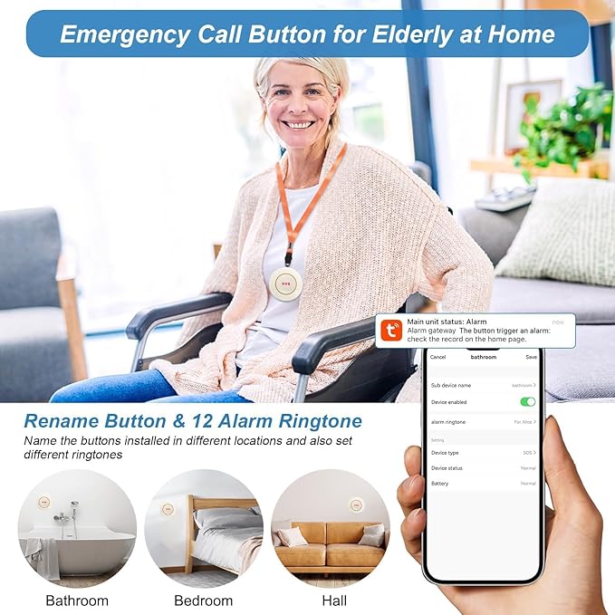 VOCA Wireless Personal Alarms & Pager for Elderly, Emergency Alarm, SOS Button, Panic Alarm, Nurse Call Bell, SOS System for Home/Personal, Caregiver Pager, Seniors, Patients, Disabled, 2.4G WiFi